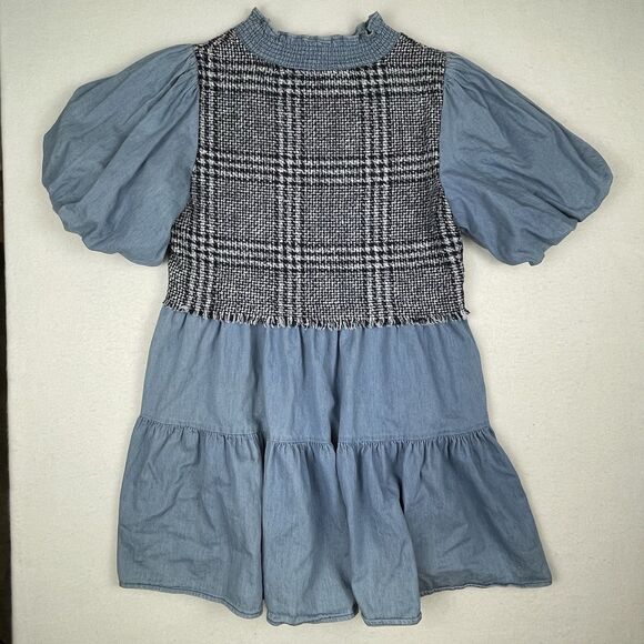 ZARA Chambray Mini Dress Tweed A-Line Smocked Neck Puff Sleeve School Girl-S - Picture 2 of 11